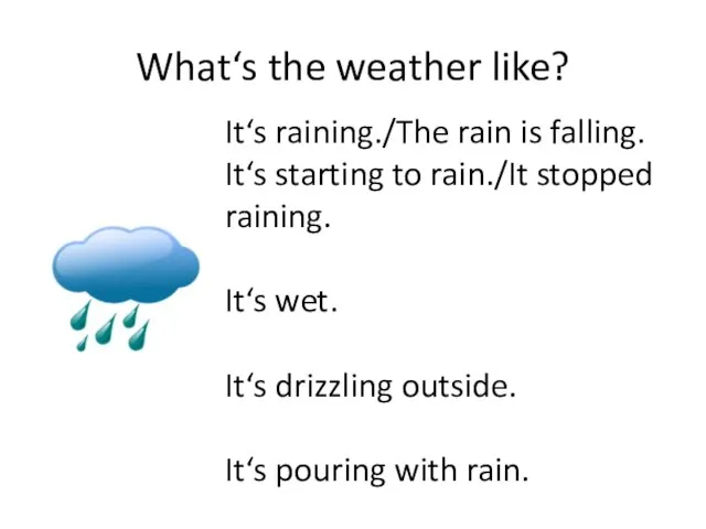 What‘s the weather like? It‘s raining./The rain is falling. It‘s starting