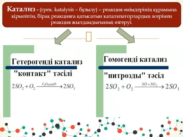 Катализ - (грек. katalysіs – бұзылу) – реакция өнімдерінің құрамына кірмейтін,