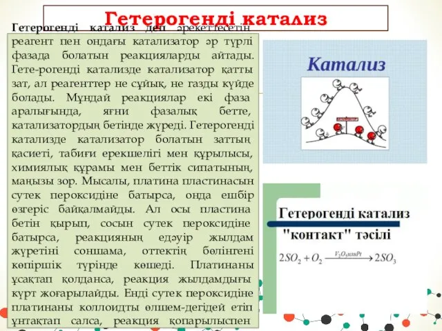 Гетерогенді катализ Гетерогенді катализ деп әрекеттесетін реагент пен ондағы катализатор әр