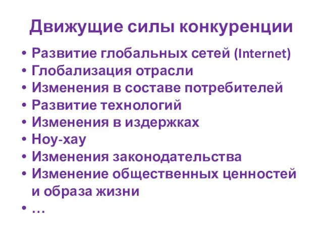 Движущие силы конкуренции Развитие глобальных сетей (Internet) Глобализация отрасли Изменения в