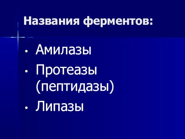 Названия ферментов: Амилазы Протеазы (пептидазы) Липазы