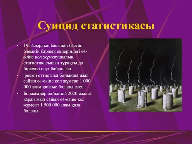 Суицид статистикасы 19 ғасырдың басынан бастап әлемнің барлық елдеріндегі өз-өзіне қол