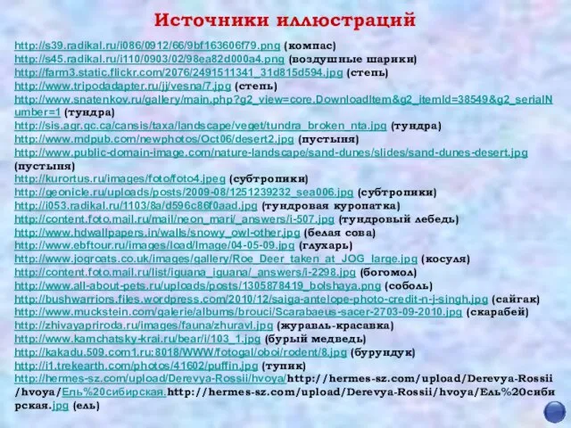 http://s39.radikal.ru/i086/0912/66/9bf163606f79.png (компас) http://s45.radikal.ru/i110/0903/02/98ea82d000a4.png (воздушные шарики) http://farm3.static.flickr.com/2076/2491511341_31d815d594.jpg (степь) http://www.tripodadapter.ru/jj/vesna/7.jpg (степь) http://www.snatenkov.ru/gallery/main.php?g2_view=core.DownloadItem&g2_itemId=38549&g2_serialNumber=1 (тундра)