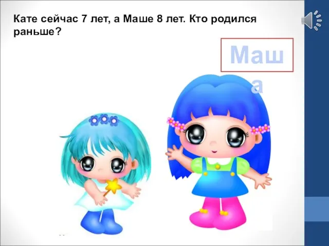 Кате сейчас 7 лет, а Маше 8 лет. Кто родился раньше? Маша