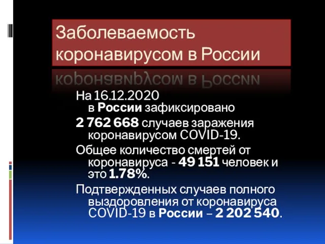 Заболеваемость коронавирусом в России На 16.12.2020 в России зафиксировано 2 762