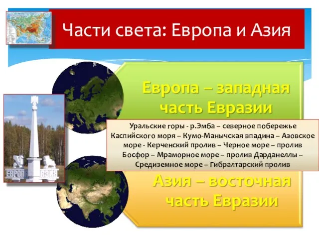 Части света: Европа и Азия Уральские горы - р.Эмба – северное