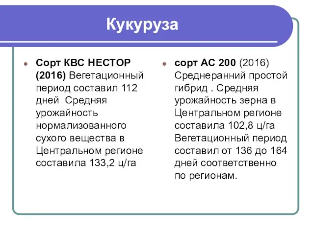 Кукуруза Сорт КВС НЕСТОР(2016) Вегетационный период составил 112 дней Средняя урожайность