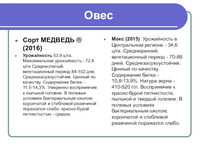 Овес Сорт МЕДВЕДЬ ®(2016) Урожайность 53,9 ц/га. Максимальная урожайность - 72,4