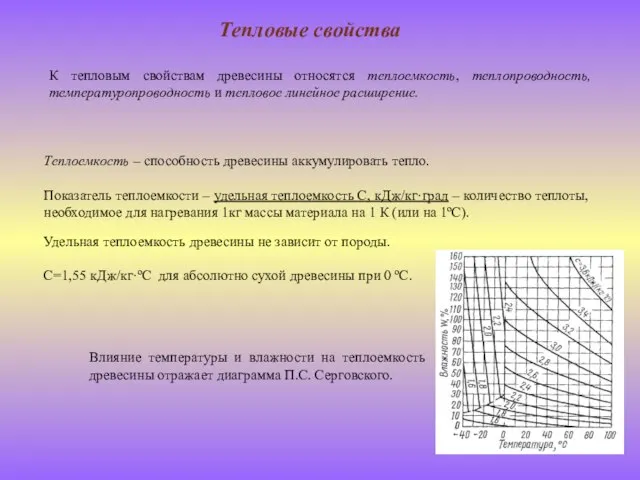 Тепловые свойства К тепловым свойствам древесины относятся теплоемкость, теплопроводность, температуропроводность и