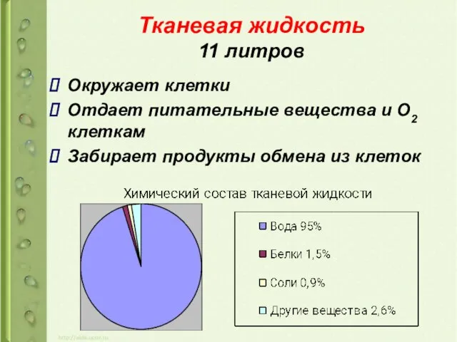 Тканевая жидкость 11 литров Окружает клетки Отдает питательные вещества и О2