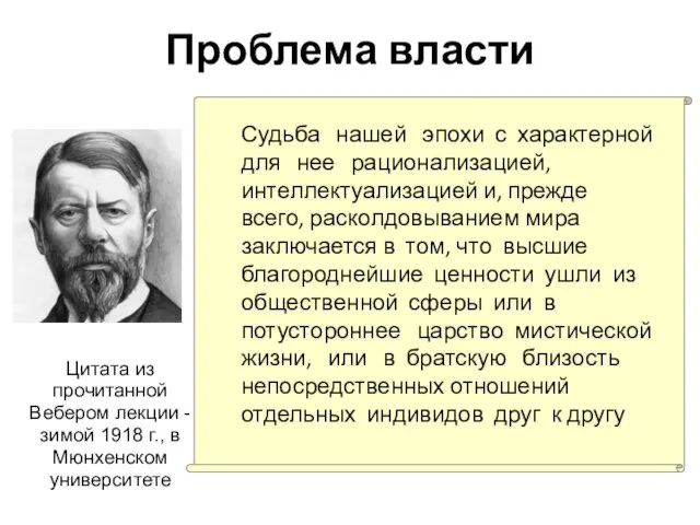 Цитата из прочитанной Вебером лекции - зимой 1918 г., в Мюнхенском