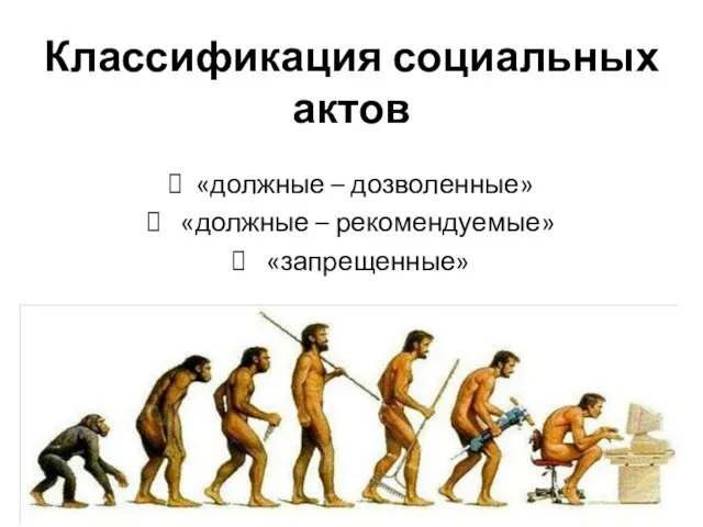 Классификация социальных актов «должные – дозволенные» «должные – рекомендуемые» «запрещенные»