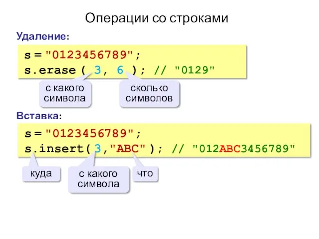 Операции со строками Вставка: s = "0123456789"; s.insert( 3,"ABC" ); //