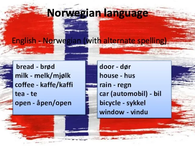 Norwegian language English - Norwegian (with alternate spelling) bread - brød