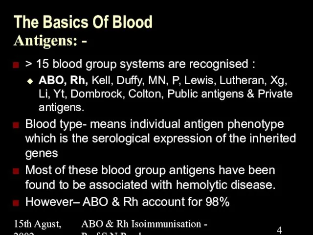 15th Agust, 2002 ABO & Rh Isoimmunisation - Prof.S.N.Panda The Basics