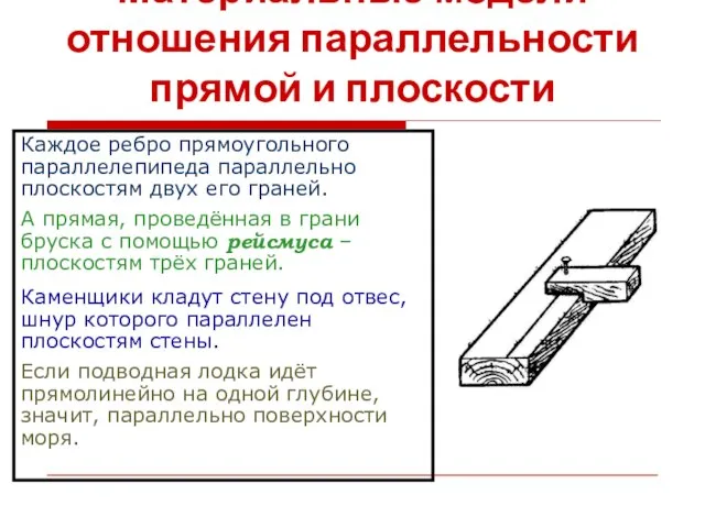 Материальные модели отношения параллельности прямой и плоскости Каждое ребро прямоугольного параллелепипеда