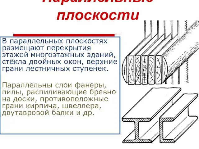 Параллельные плоскости В параллельных плоскостях размещают перекрытия этажей многоэтажных зданий, стёкла