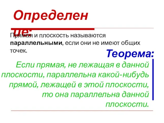 Определение: Прямая и плоскость называются параллельными, если они не имеют общих