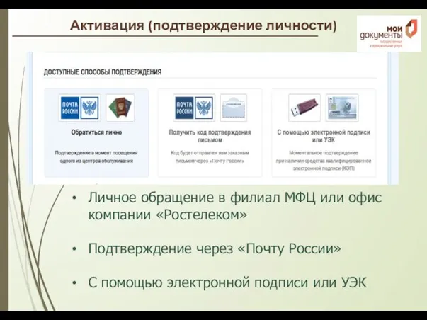 Активация (подтверждение личности) Личное обращение в филиал МФЦ или офис компании