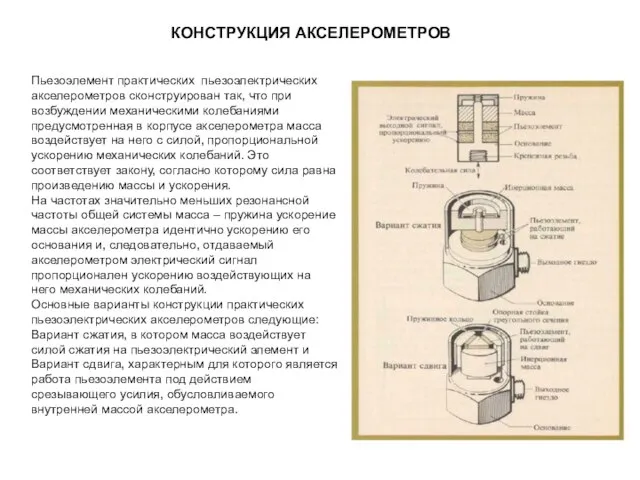 КОНСТРУКЦИЯ АКСЕЛЕРОМЕТРОВ Пьезоэлемент практических пьезоэлектрических акселерометров сконструирован так, что при возбуждении