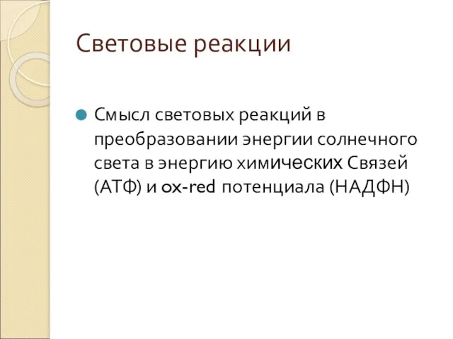 Световые реакции Смысл световых реакций в преобразовании энергии солнечного света в