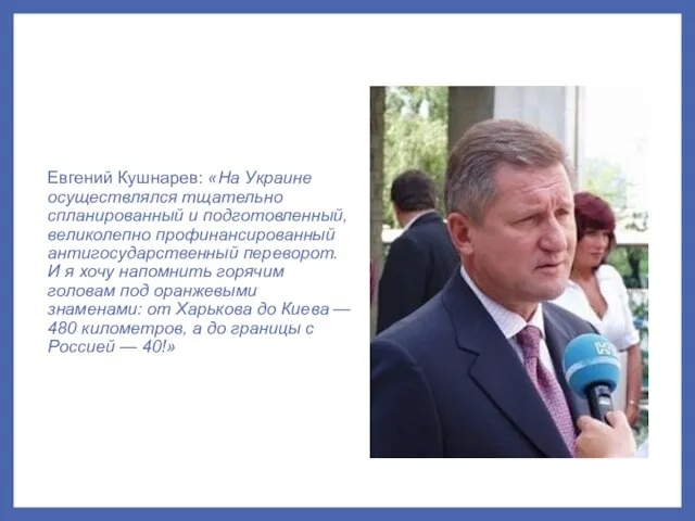 Евгений Кушнарев: «На Украине осуществлялся тщательно спланированный и подготовленный, великолепно профинансированный