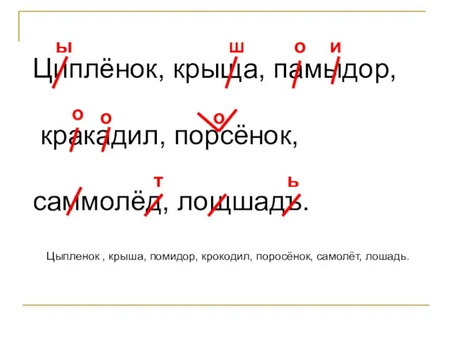 Циплёнок, крыща, памыдор, кракадил, порсёнок, саммолёд, лощшадъ. Цыпленок , крыша, помидор,