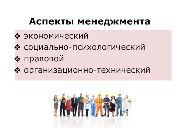 экономический социально-психологический правовой организационно-технический Аспекты менеджмента