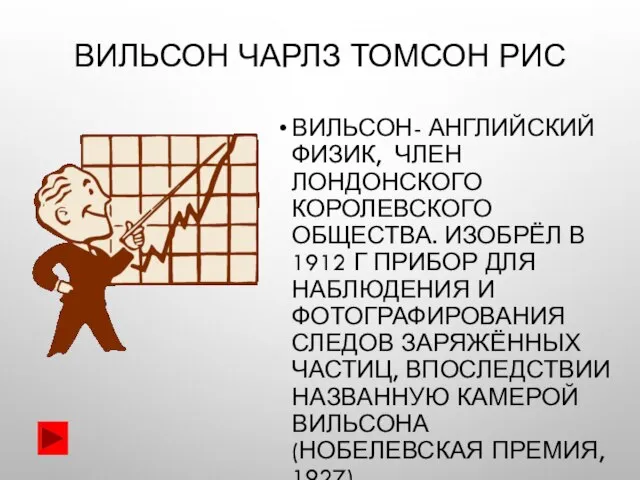 ВИЛЬСОН ЧАРЛЗ ТОМСОН РИС ВИЛЬСОН- АНГЛИЙСКИЙ ФИЗИК, ЧЛЕН ЛОНДОНСКОГО КОРОЛЕВСКОГО ОБЩЕСТВА.