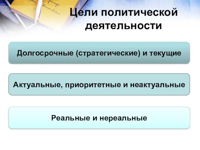 Цели политической деятельности Долгосрочные (стратегические) и текущие Актуальные, приоритетные и неактуальные Реальные и нереальные