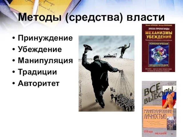 Методы (средства) власти Принуждение Убеждение Манипуляция Традиции Авторитет