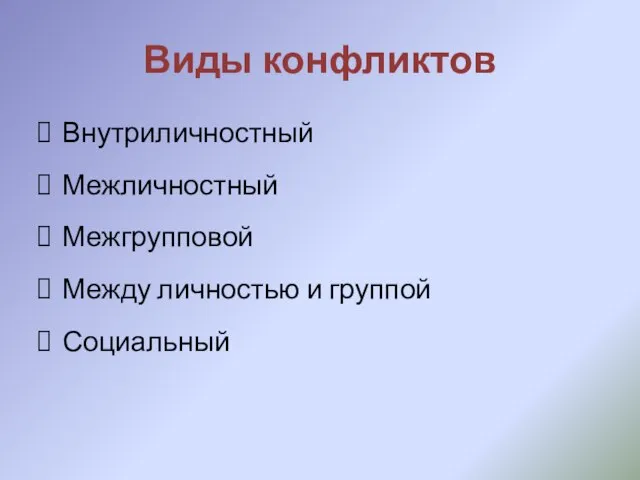 Виды конфликтов Внутриличностный Межличностный Межгрупповой Между личностью и группой Социальный