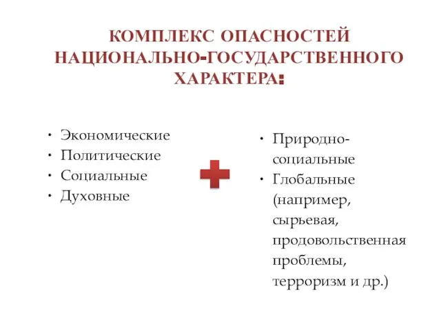 КОМПЛЕКС ОПАСНОСТЕЙ НАЦИОНАЛЬНО-ГОСУДАРСТВЕННОГО ХАРАКТЕРА: Экономические Политические Социальные Духовные Природно-социальные Глобальные (например,