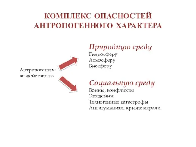 КОМПЛЕКС ОПАСНОСТЕЙ АНТРОПОГЕННОГО ХАРАКТЕРА Антропогенное воздействие на Природную среду Гидросферу Атмосферу