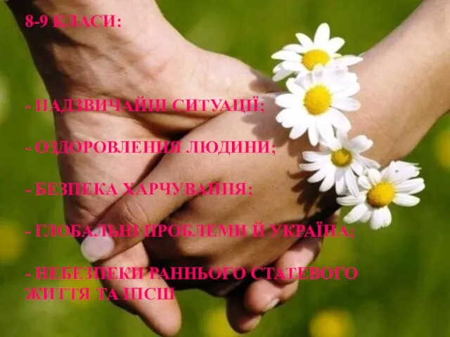 8-9 КЛАСИ: - НАДЗВИЧАЙНІ СИТУАЦІЇ; - ОЗДОРОВЛЕННЯ ЛЮДИНИ; - БЕЗПЕКА ХАРЧУВАННЯ;