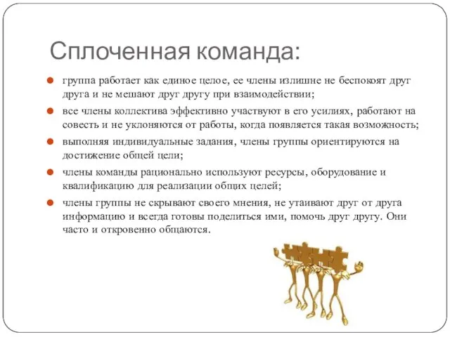 Сплоченная команда: группа работает как единое целое, ее члены излишне не