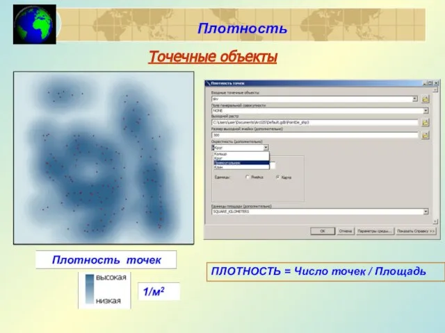 Распределение точек ПЛОТНОСТЬ = Число точек / Площадь Плотность Точечные объекты