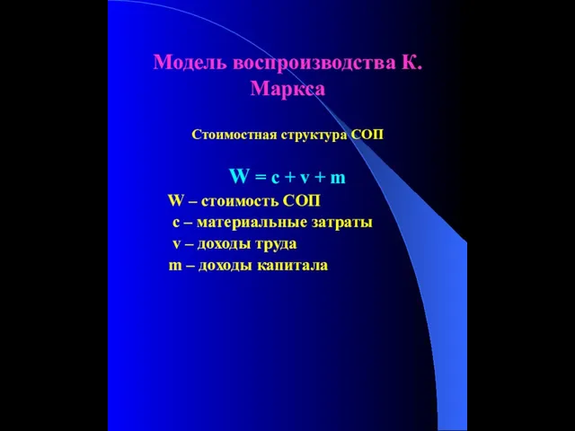 Модель воспроизводства К.Маркса Стоимостная структура СОП W = c + v