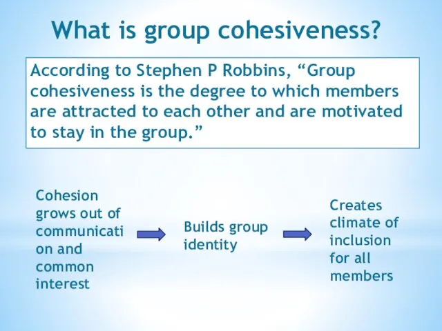 According to Stephen P Robbins, “Group cohesiveness is the degree to