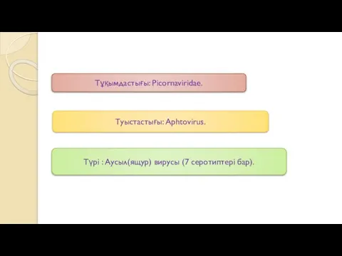 Тұқымдастығы: Picornaviridae. Туыстастығы: Aphtovirus. Түрі : Аусыл(ящур) вирусы (7 серотиптері бар).