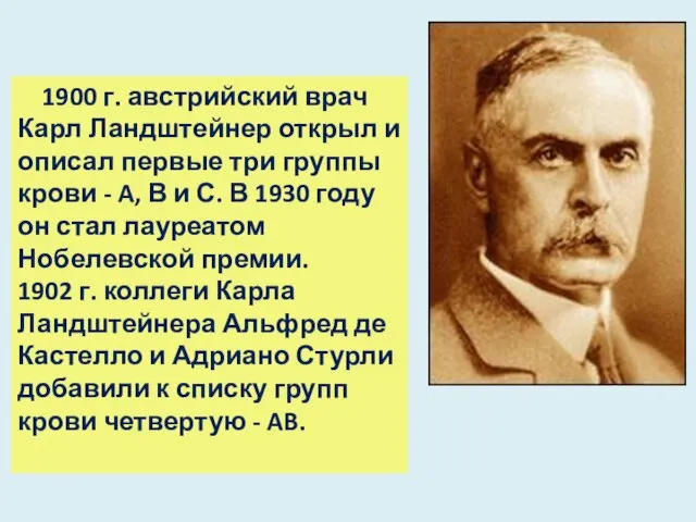 1900 г. австрийский врач Карл Ландштейнер открыл и описал первые три