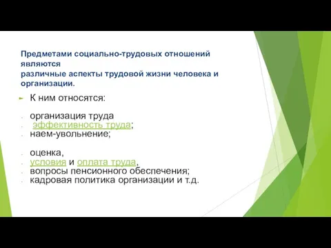 Предметами социально-трудовых отношений являются различные аспекты трудовой жизни человека и организации.