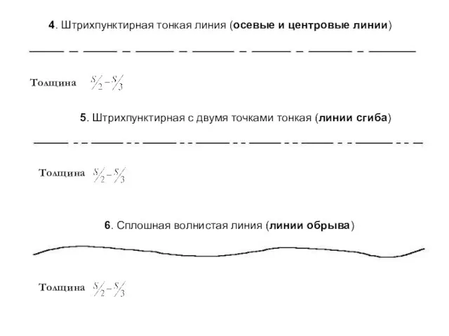 4. Штрихпунктирная тонкая линия (осевые и центровые линии) 5. Штрихпунктирная с