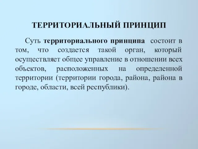 ТЕРРИТОРИАЛЬНЫЙ ПРИНЦИП Суть территориального принципа состоит в том, что создается такой