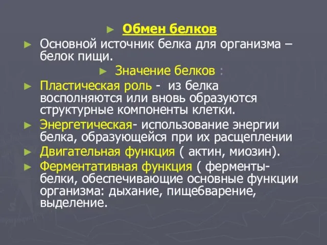 Обмен белков Основной источник белка для организма – белок пищи. Значение