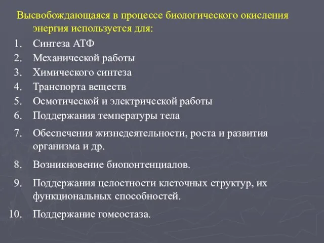 Высвобождающаяся в процессе биологического окисления энергия используется для: Синтеза АТФ Механической