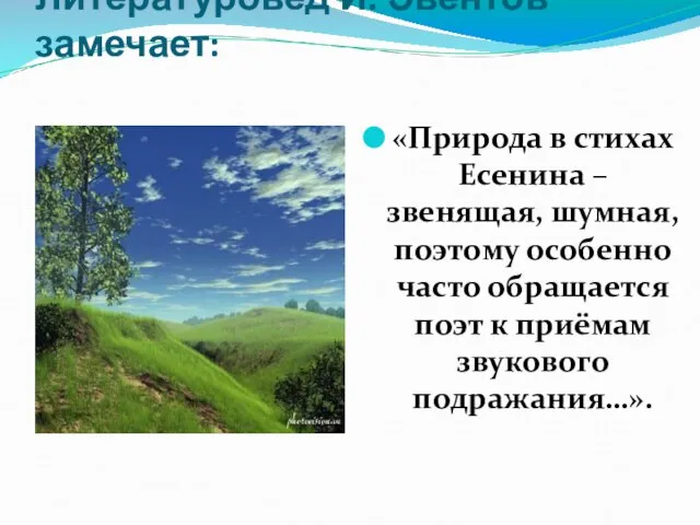 Литературовед И. Эвентов замечает: «Природа в стихах Есенина – звенящая, шумная,