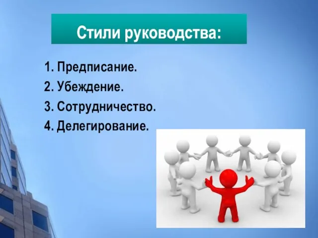 Стили руководства: 1. Предписание. 2. Убеждение. 3. Сотрудничество. 4. Делегирование.