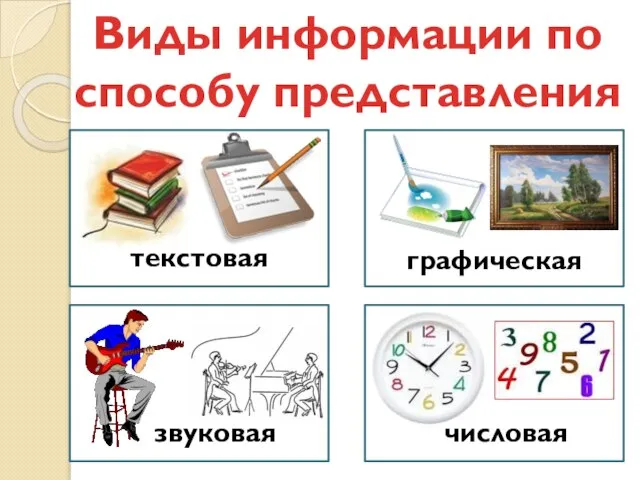 Виды информации по способу представления текстовая графическая звуковая числовая