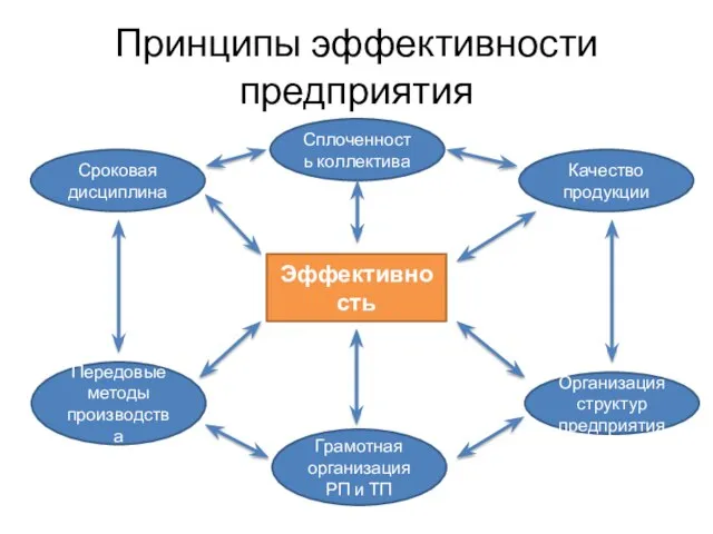 Принципы эффективности предприятия Эффективность Сроковая дисциплина Сплоченность коллектива Качество продукции Организация